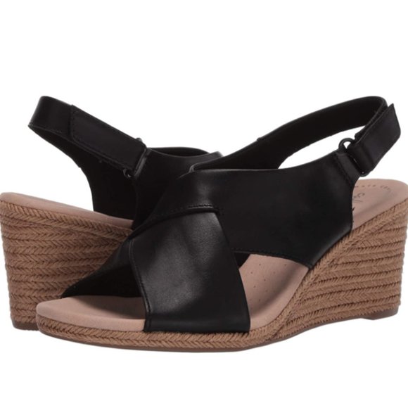 CLARKS ♠️ Chic! Quality Genuine Leather • Comfort Wedge Espadrilles in Black - Picture 1 of 5